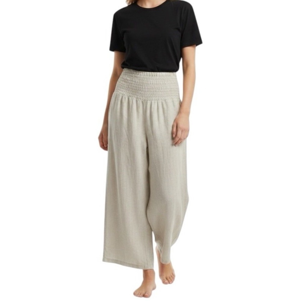 Erzo Millennio Linen Pants Womens S Beige Wide Leg Smocked Waist Made Italy
